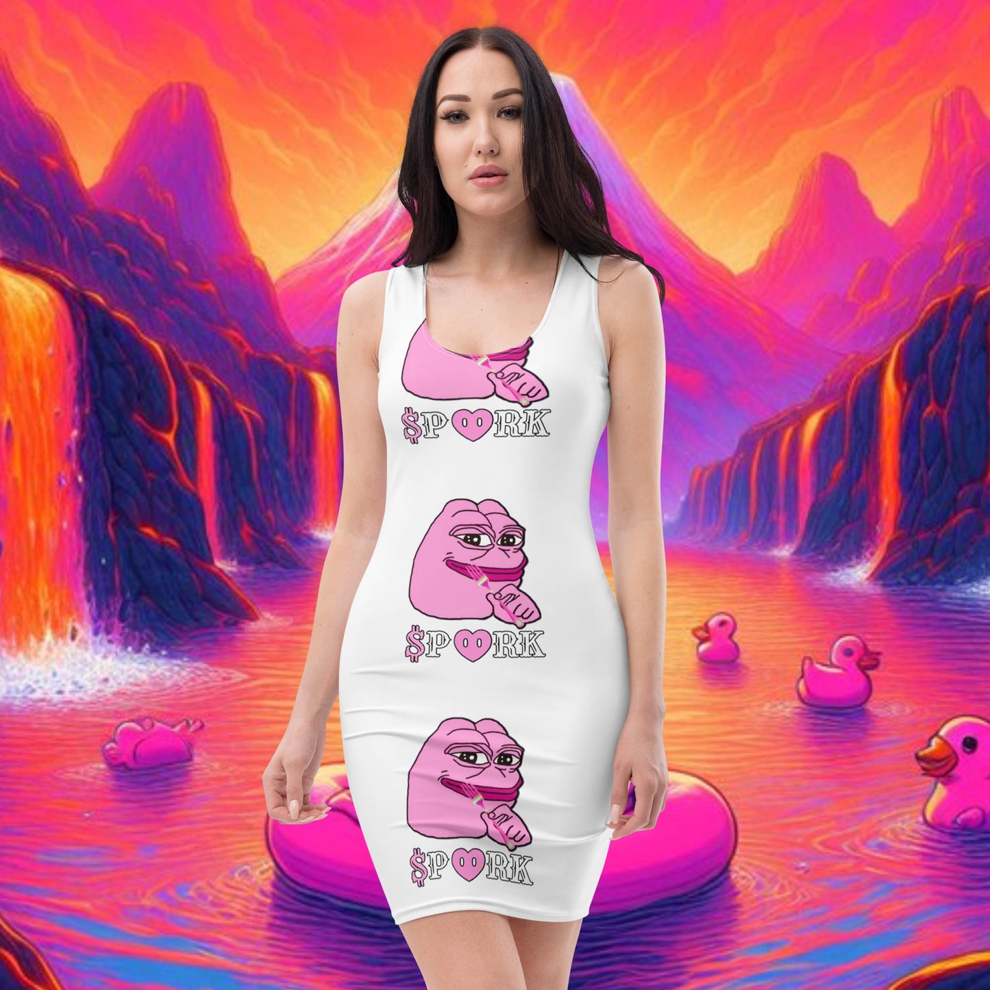 BE-D001#S-001 PINK PEPE $PORK All-Over Print Bodycon Dress