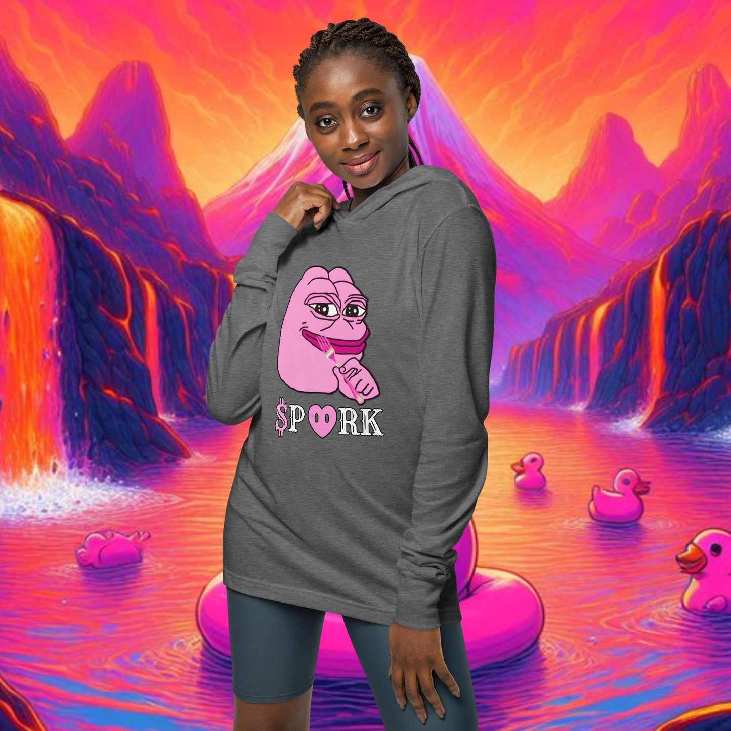 AT-D001#S-001 PINK PEPE $PORK Unisex Hooded Long Sleeve Tee